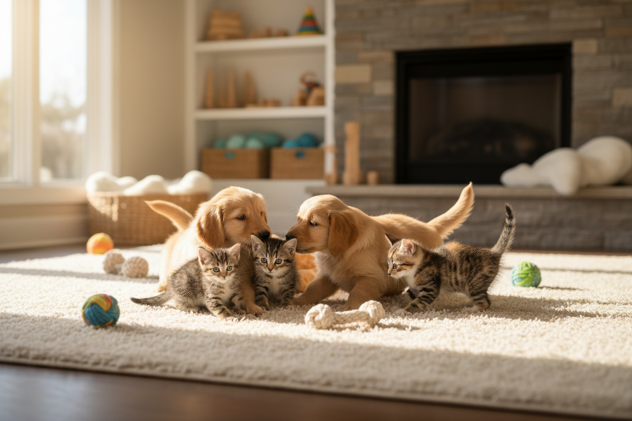 Puppies and kittens playing together